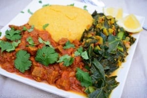 Kenyan beef stew, ugali, and sukuma wiki