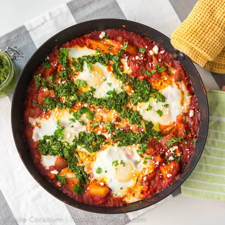 Shakshuka is a simple, easy-to-make, one-pan meal of eggs poached in a savory, spicy tomato and pepper sauce. It’s just as tasty for breakfast as it is for dinner, and makes a satisfying dish any time of day.