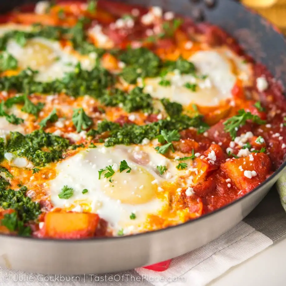 Shakshuka is a simple, easy-to-make, one-pan meal of eggs poached in a savory, spicy tomato and pepper sauce. It's just as tasty for breakfast as it is for dinner, and makes a satisfying dish any time of day.