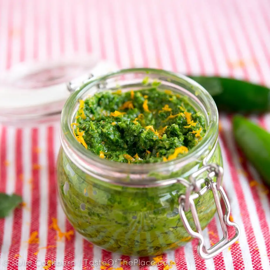 Zhoug, a vibrant green cilantro based sauce from Yemen, is both fresh and fiery. It's layered with flavor, from earthy cumin, to aromatic coriander, to bright orange zest. Put a dollop on eggs, spread a bit on a sandwich, or use it as a dip, and enjoy the zingy and aromatic flavors of the Middle East! 