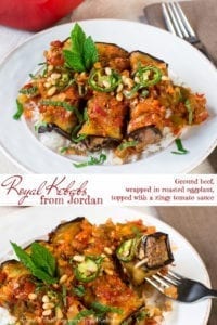 Perfectly seasoned beef, rolled in roasted eggplant, drizzled with a savory and spicy tomato sauce, and topped with crunchy pine nuts and aromatic mint leaves, make this Jordanian recipe for Royal Kebabs a true crowd pleaser!