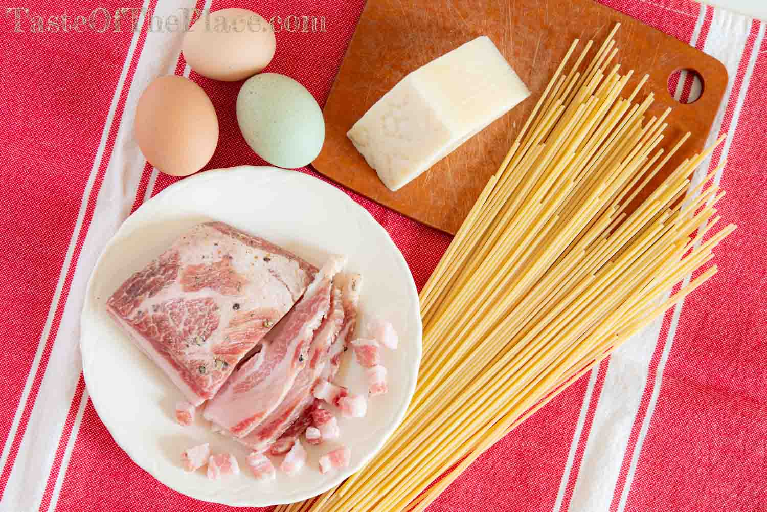 Eggs, Pecorino Romano cheese, spaghetti, and pancetta for Pasta Carbonara